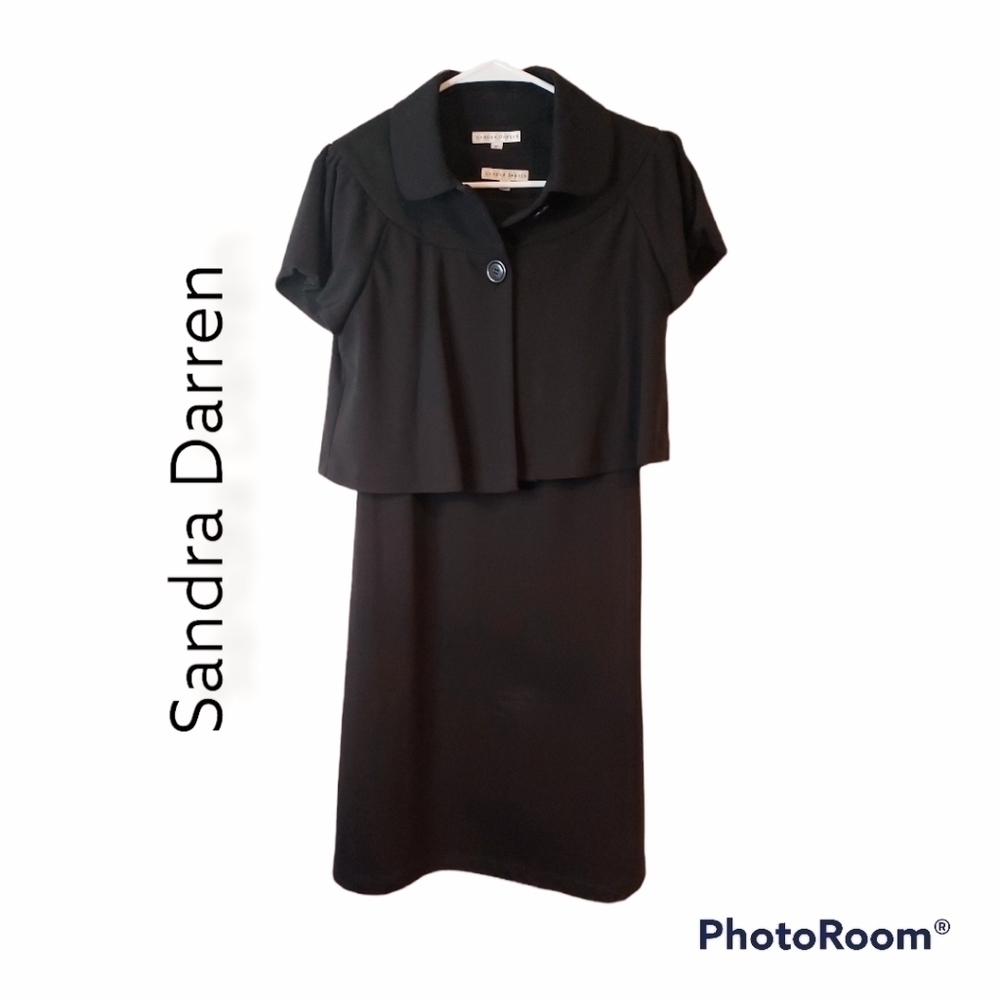 Sandra Darren black sleeveless sheath dress & matching crop jacket sz 8P